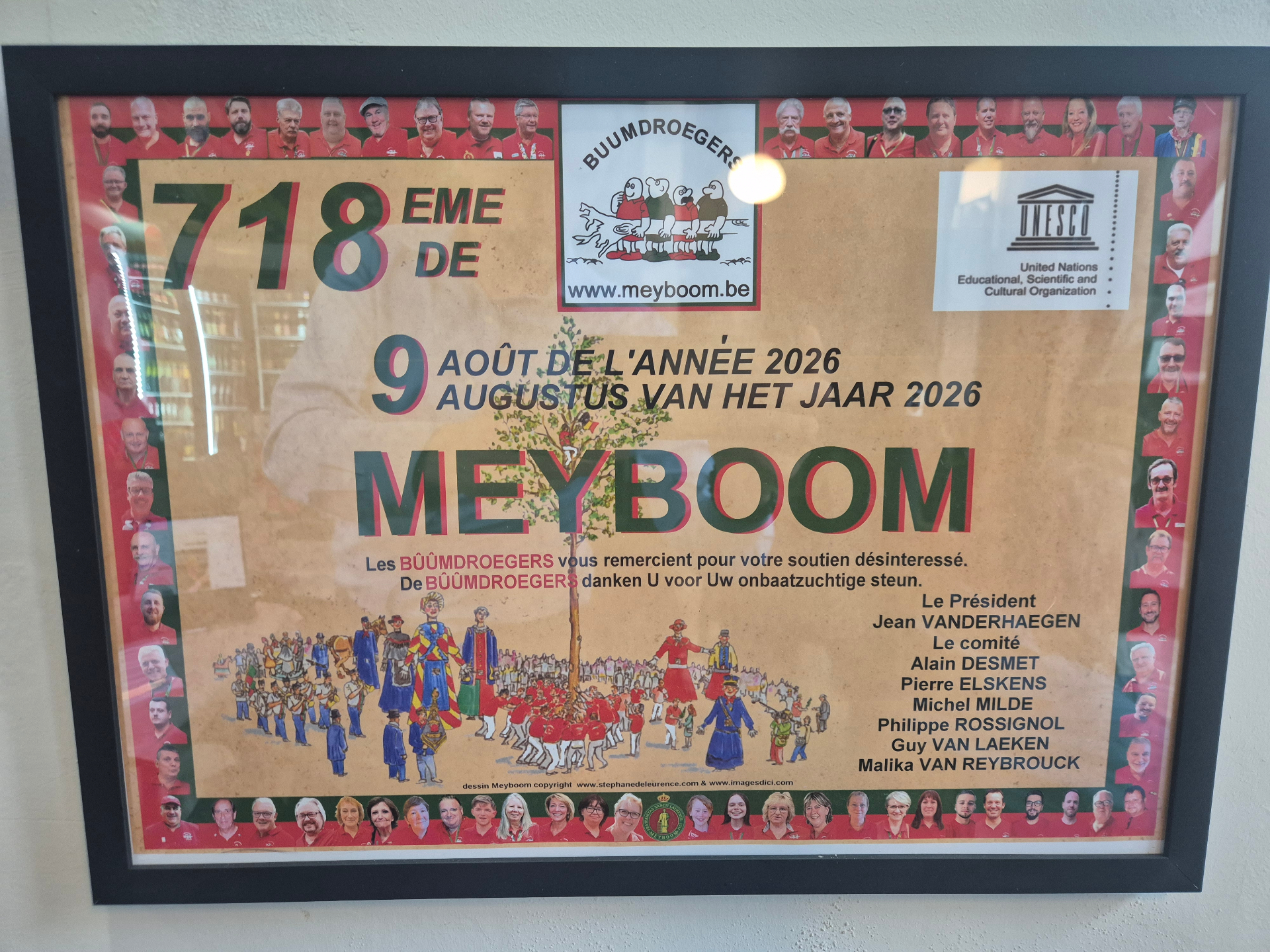Affiche encadree du 718eme Meyboom du 9 aout 2026, offerte par les Buumdroegers